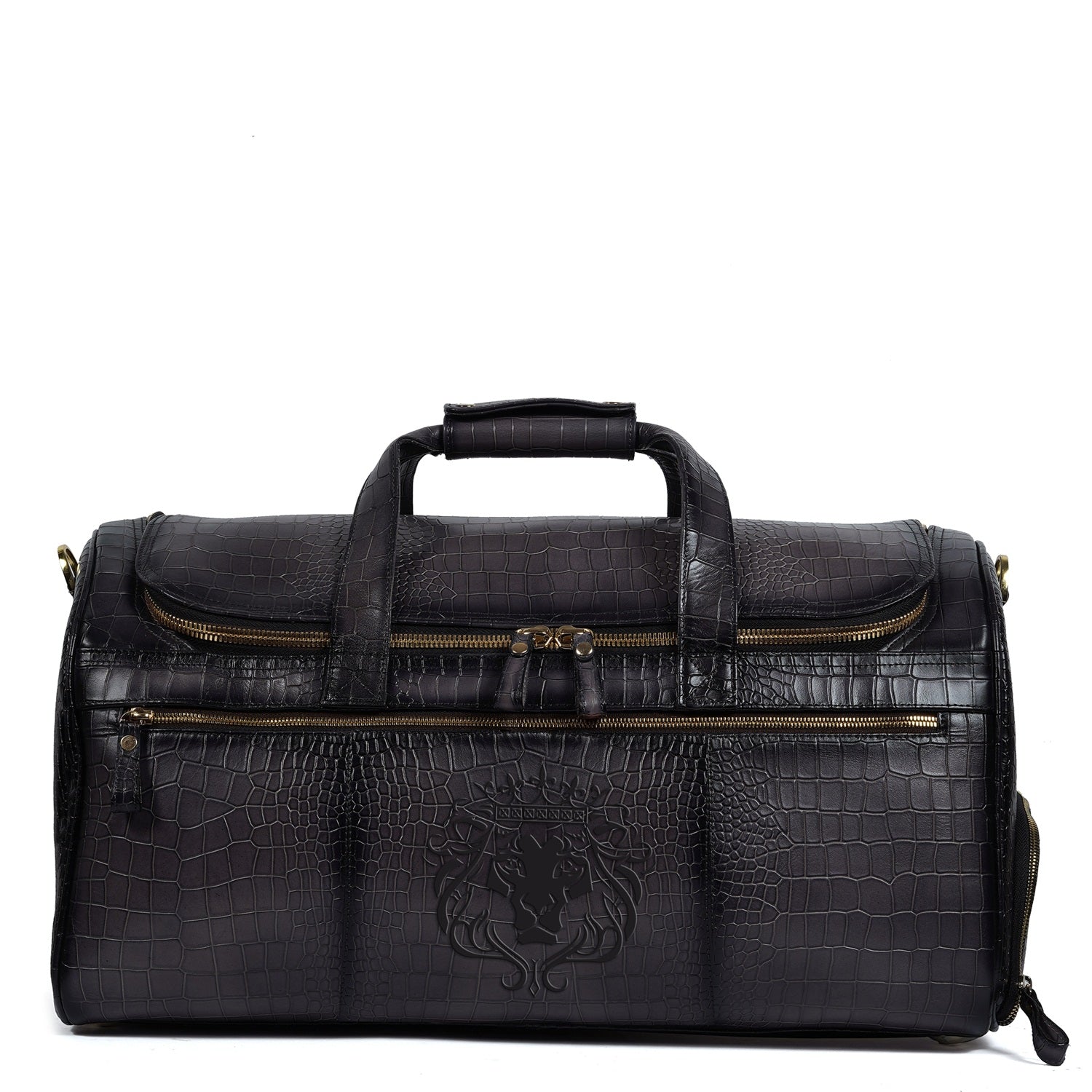 Croco Embossed Textured Grey Leather Duffle Bag