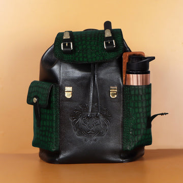 Rugsack Buckled Strap Unisex Backpack With Contrasting Black and Green Croco Textured Leather