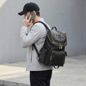 Top Opening Black Backpack Zip Compartment Real Ostrich Leather