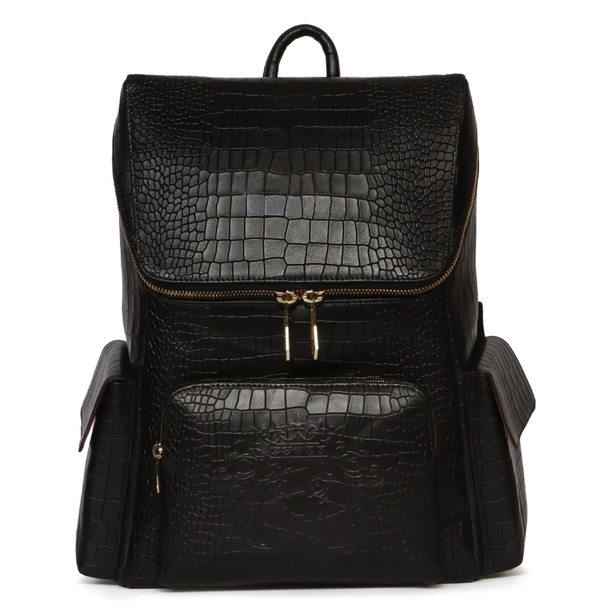 Top Opening Black Backpack Zip Compartment Croco Textured Leather
