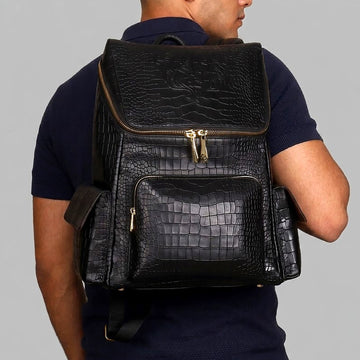 Top Opening Black Backpack Zip Compartment Croco Textured Leather