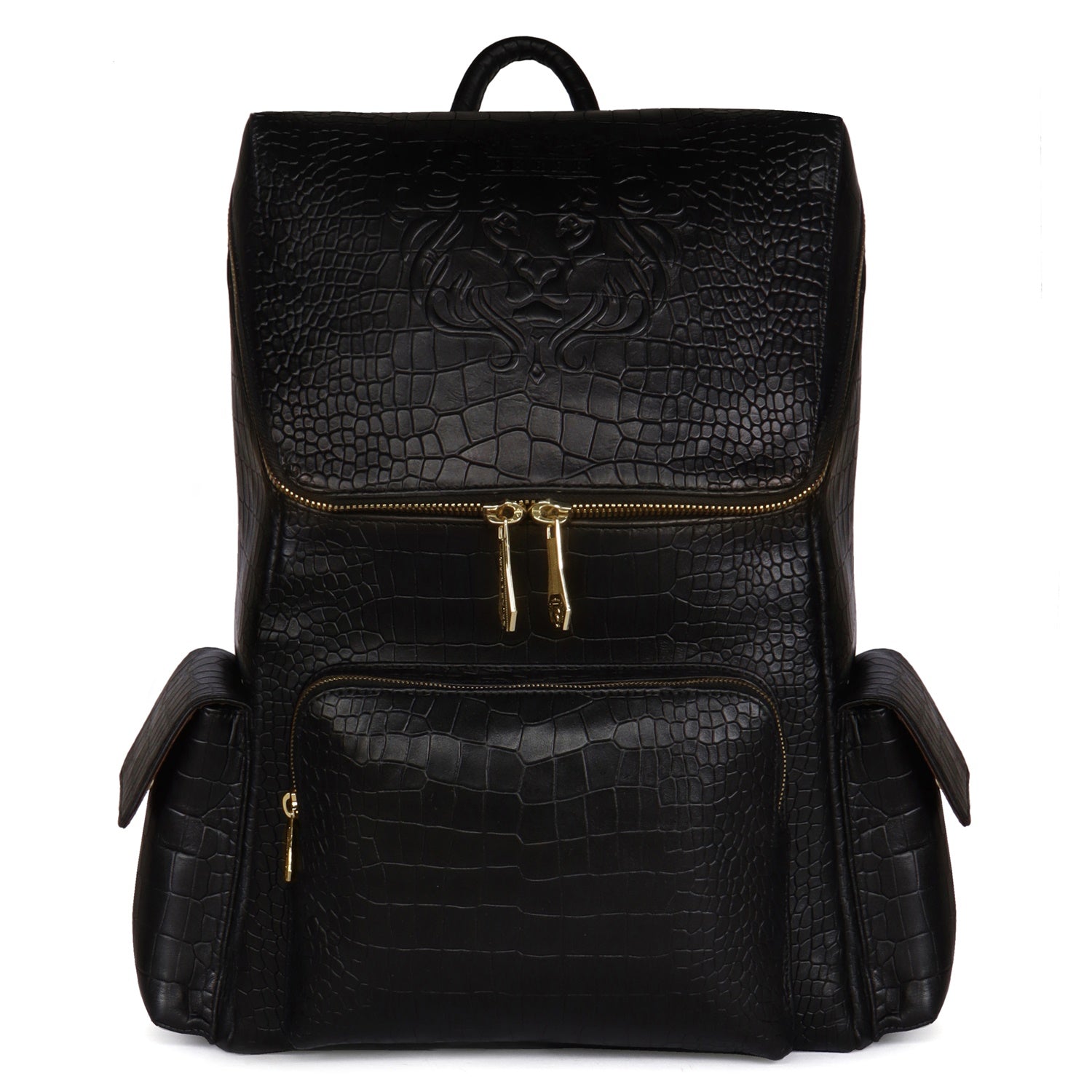 Top Opening Black Backpack Zip Compartment Croco Textured Leather
