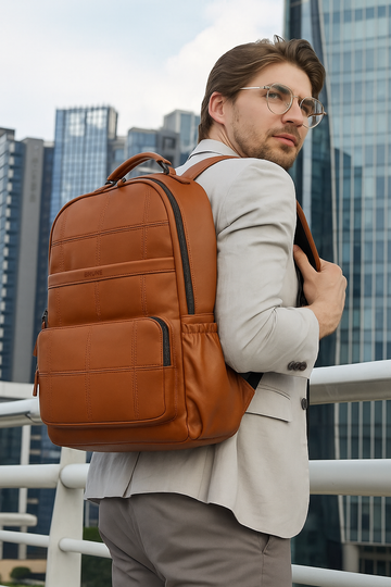 Stitched Square Pattern Tan Leather Backpack