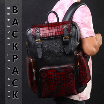 Contrasting Color Flap-Over Backpack in Croco Textured Genuine Leather
