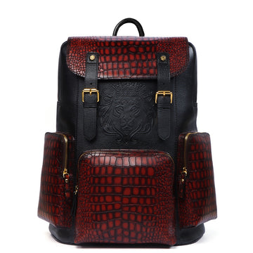 Flap-Over Smokey Backpack In Tan & Black Croco Textured Leather
