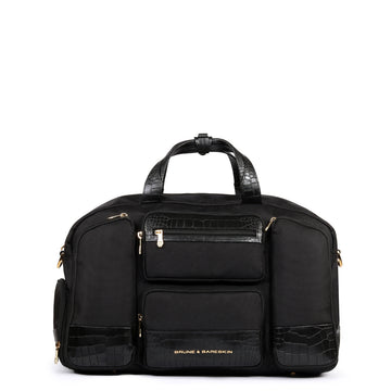 Denier Fabric & Black Croco Pattern Handbag with Gold Hardware
