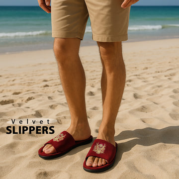 Quilted Base Slide-in Slippers with Crown Eagle Zardosi on Red Velvet