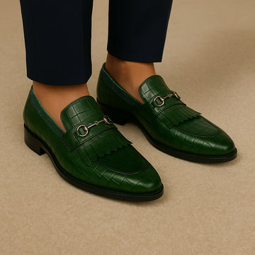 Green Deep Cut Slip-On Shoes with Fringes Horse-bit Buckled