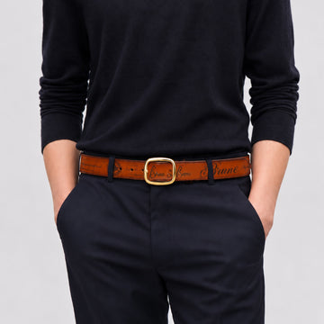 Engraved Scritto With Rounded Corners Golden Buckle Tan Leather Belt