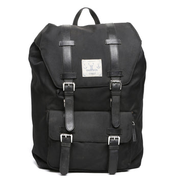 Black Leather Straps/Black Denier Travel Backpack