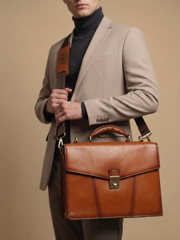 Flap Opening Secured Lock Tan Leather Office Laptop Briefcase With Organizer Compartment by Brune & Bareskin