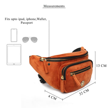 Orange Waist Bag In Velvet with Multi Pockets
