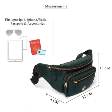 Velvet Green Fanny Bag with Multi Zipper Compartment