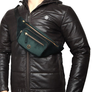 Velvet Green Fanny Bag with Multi Zipper Compartment