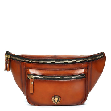 Fanny Pack with Golden Accessories In Tan Genuine Leather