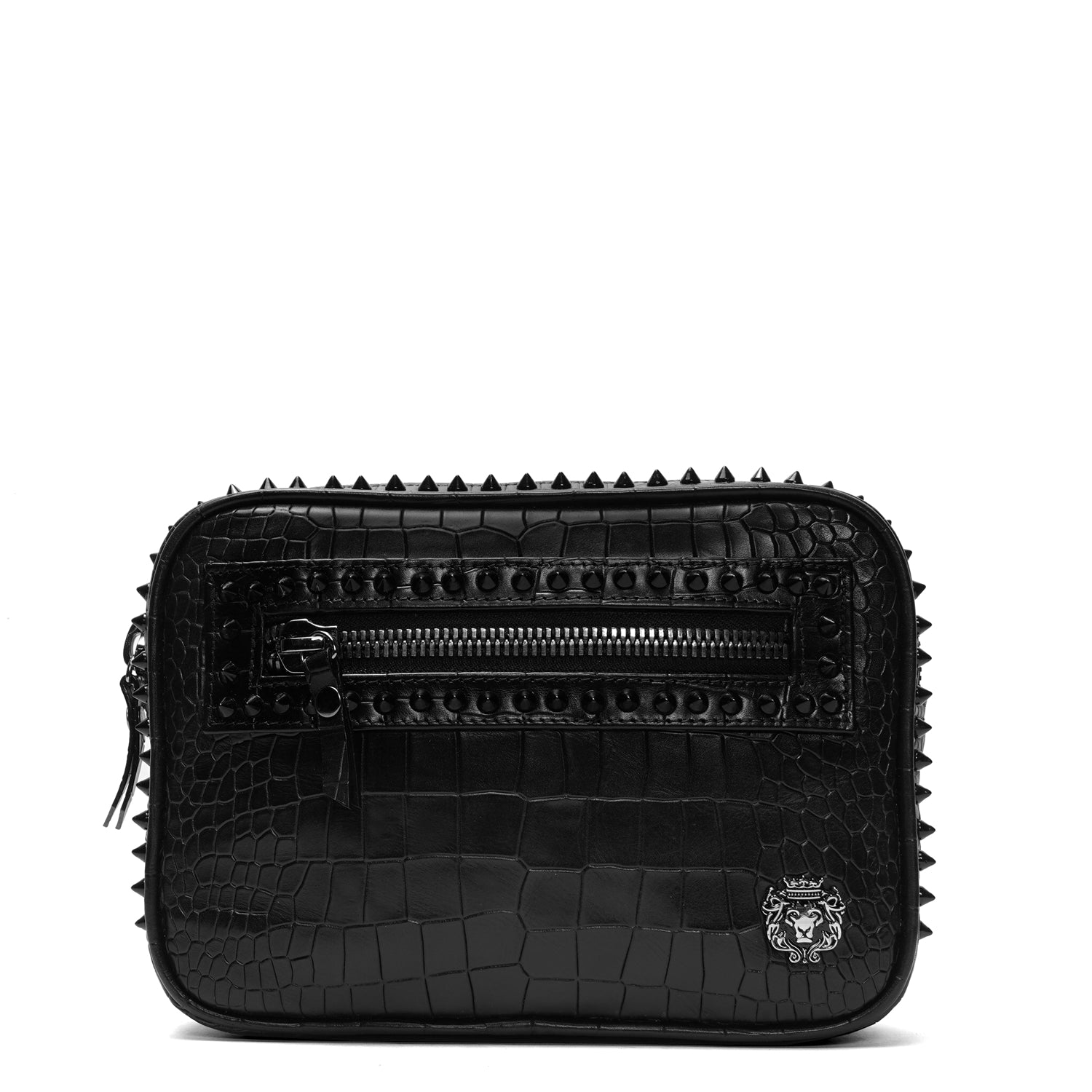 Studded fanny Pack Bag in Black Croco Texture Leather