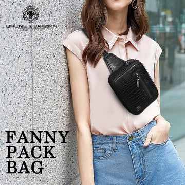 Studded fanny Pack Bag in Black Croco Texture Leather