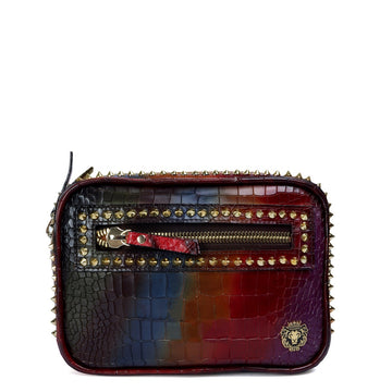 Multi-Color Studded Fanny Pack in Croco Textured Leather