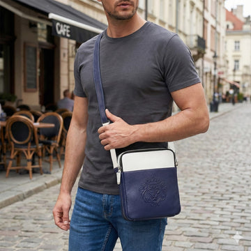 Blue & White Textured Leather Crossbody City Bag