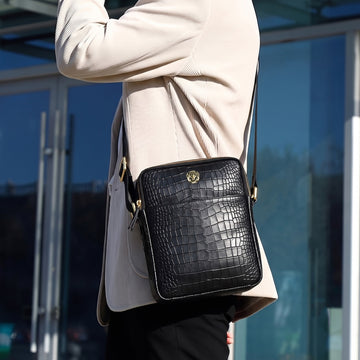 Cross Body Black Deep Cut Croco Texture Leather Bag