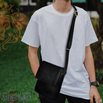 Luxurious Flap Sling Bag in Black Deep Cut Leather