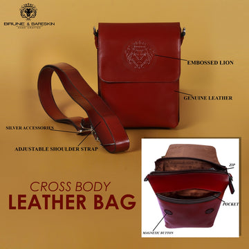 wine Cross-Body Leather Bag Embossed Lion Flap Over Magnetic Button-Zip Closure With Adjustable Shoulder Strap