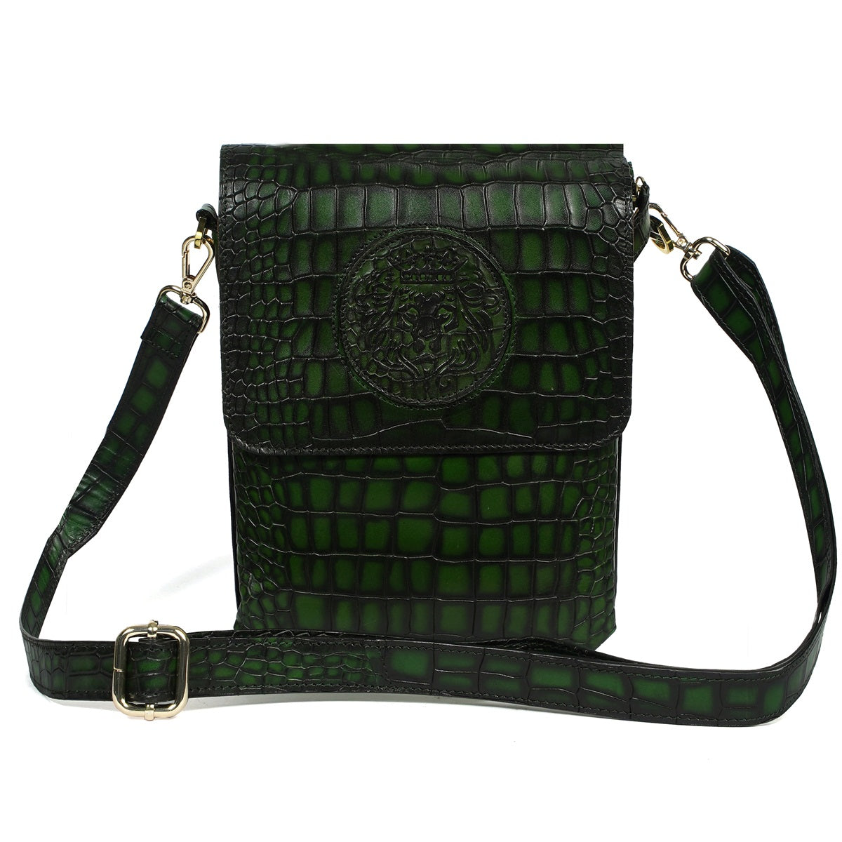 Smokey Green Crossbody Bag in Croco Textured Leather With Embossed Lion
