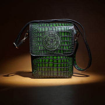 Smokey Green Crossbody Bag in Croco Textured Leather With Embossed Lion