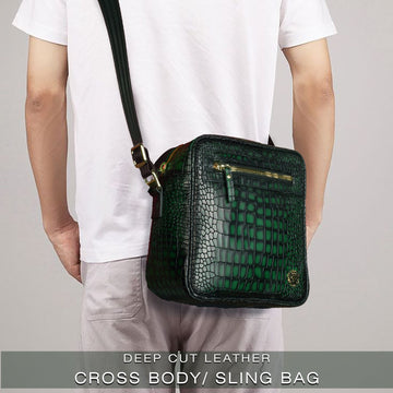 Cross-Body Green Bag in Smokey Croco Textured Leather with Extra Space