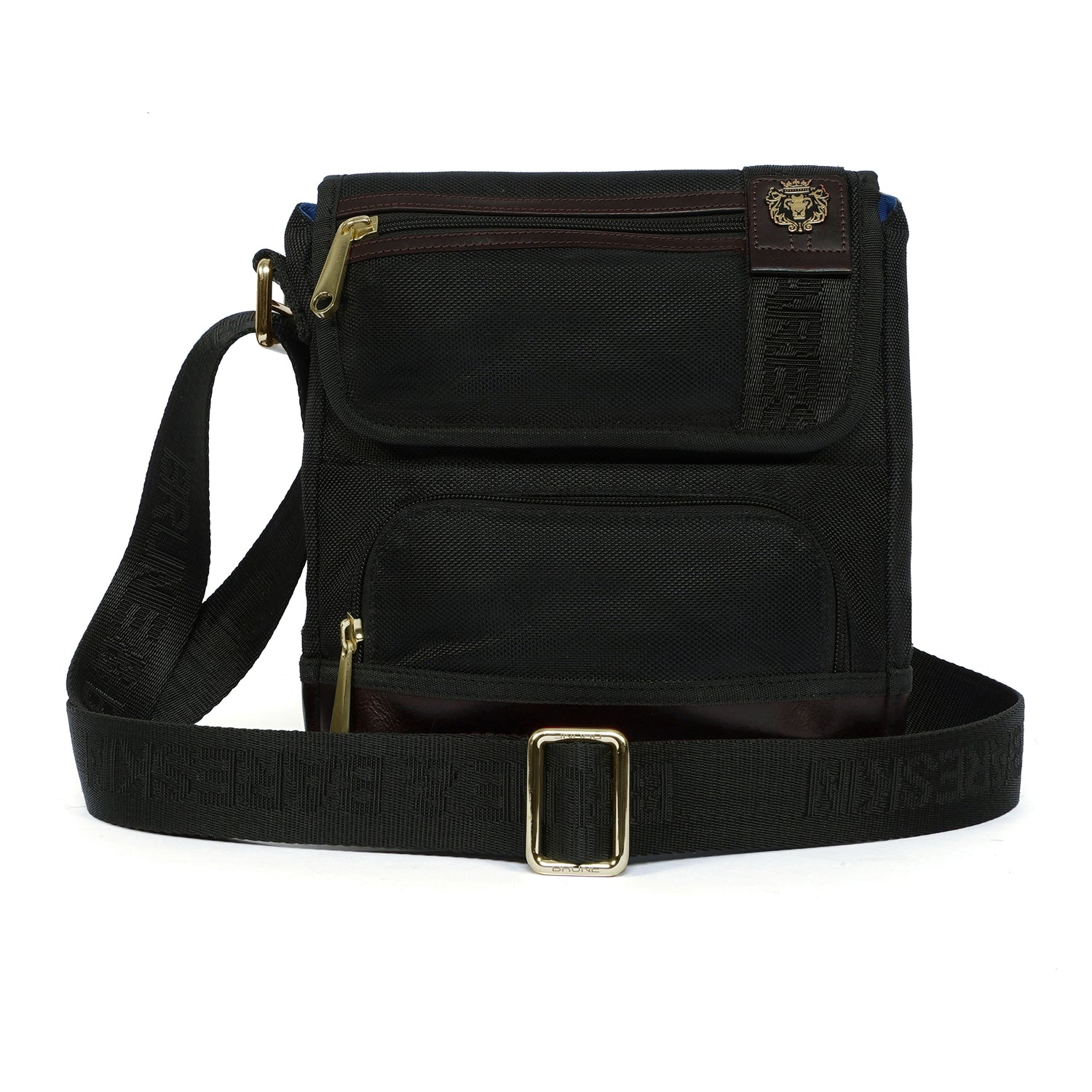 Branded Strap Black Denier Brown Leather Crossbody Bag