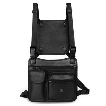 Black Textured Leather Multi-Compartment Chest Bag with Gun Metal Lion Logo