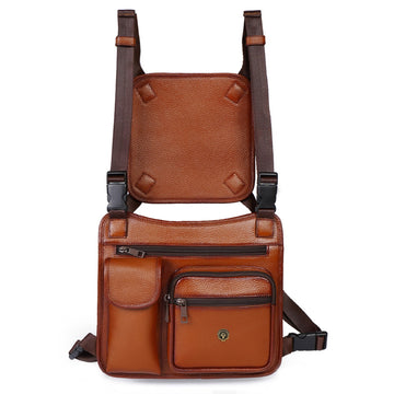 Tan Textured Leather Multi-Compartment Chest Bag with Golden Metal Lion Logo