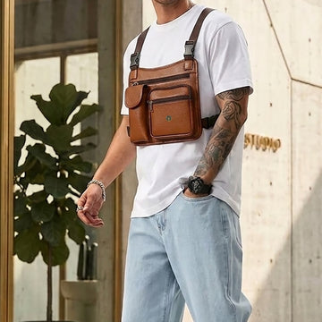 Tan Textured Leather Multi-Compartment Chest Bag with Golden Metal Lion Logo