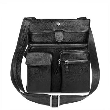 Black Textured Leather Utility Crossbody Bag with Multi Pockets