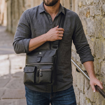Black Textured Leather Utility Crossbody Bag with Multi Pockets