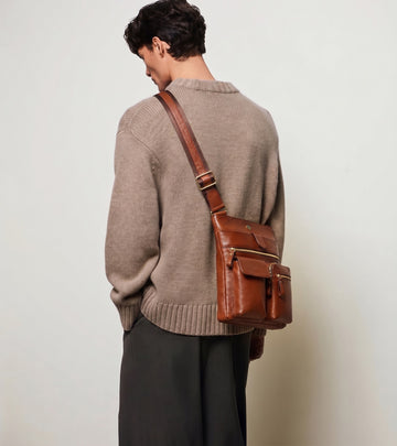 Tan Textured Leather Utility Crossbody Bag with Multi Pockets
