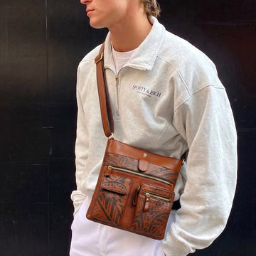 Luxury Tan Leather Doddle Handpainted Crossbody Bag with Utility Pockets