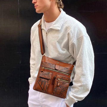 Luxury Tan Leather Doddle Handpainted Crossbody Bag with Utility Pockets