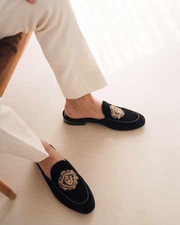 Black Italian Velvet Mule with Golden Crest Handmade Zardosi