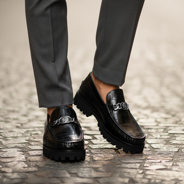 Black Deep Cut Croco Chunky Sole Loafers with 3D Gunmetal Chain Lion Logo