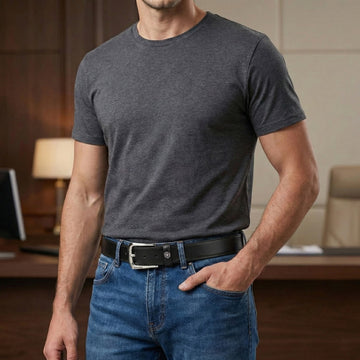 Mini Lion Black Leather Belt with Detachable Silver Slant Shape Buckle