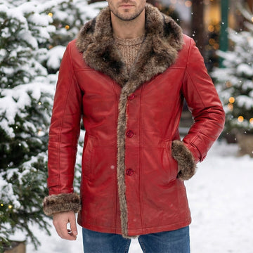 Light Weight Leather Long Red Jacket with Furr Collar & Sleeves By Brune & Bareskin