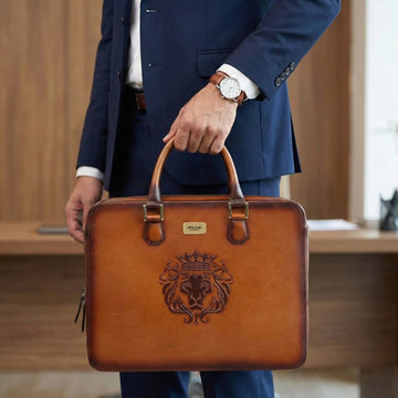 Tan Leather Embossed Lion Laptop Briefcase with Organizer Compartment by Brune & Bareskin