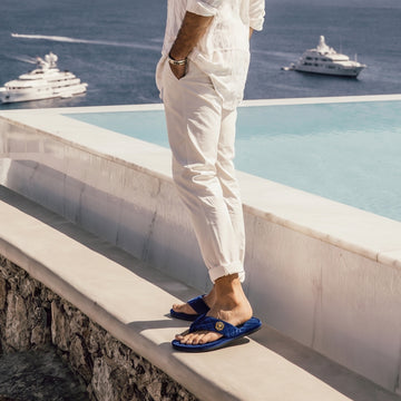 V-Strap Slide-in-Slippers in Soft Blue Italian Velvet