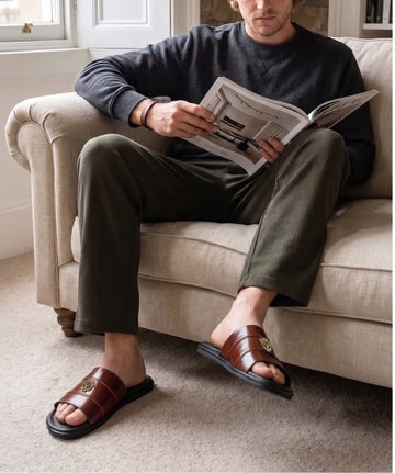 Brown Brush Off Leather Slide-In Slippers with Signature Metal Lion