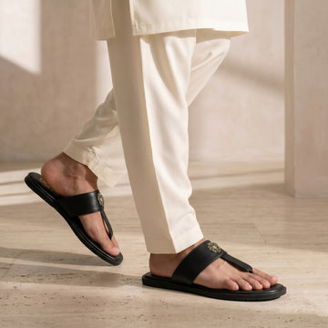 Black Leather T-Strap Slide-in Slippers with Golden Metal Lion