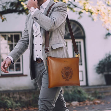 Stylish Laptop Sleeves Embossed Lion Tan Messenger Bag with Zip Compartment By Brune & Bareskin