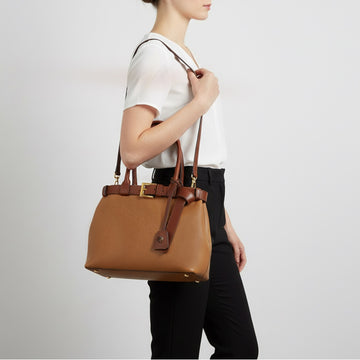Classic Tan Textured Leather Handbag with Dual-Tone Belt Detailing