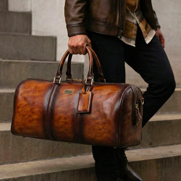 Brune & Bareskin Veg Tanned Tan Hand Painted Leather Duffle Bag With Golden Accent