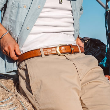 New Oval Shape Buckle Belt in Tan Croco Emboosed Leather